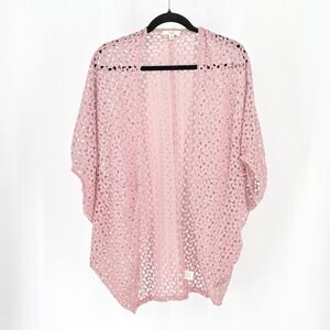 Festival Crochet Lace Pink Cardigan Y2K Floral Open Front Womens M Pastel